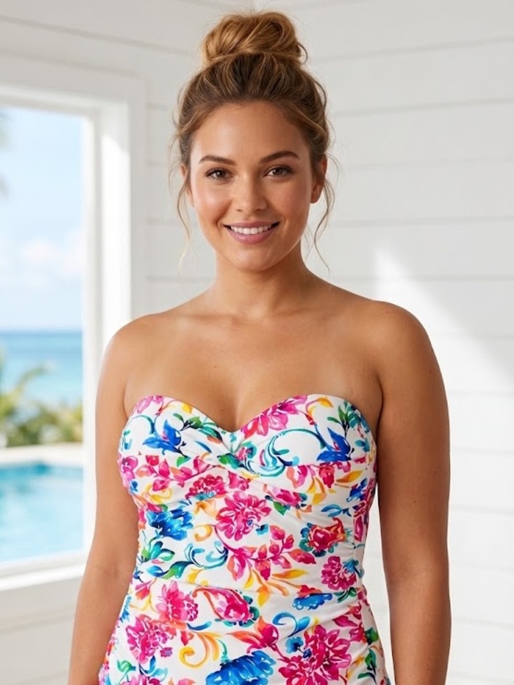Anne Cole Vibrant Floral Halter Tankini Swim Top Size L NWT